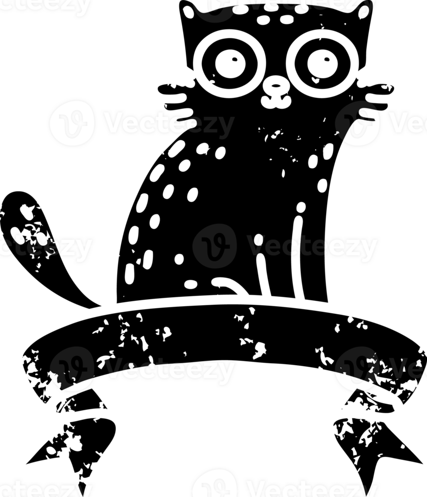 scroll banner with black line work tattoo style surprised cat distressed icon png