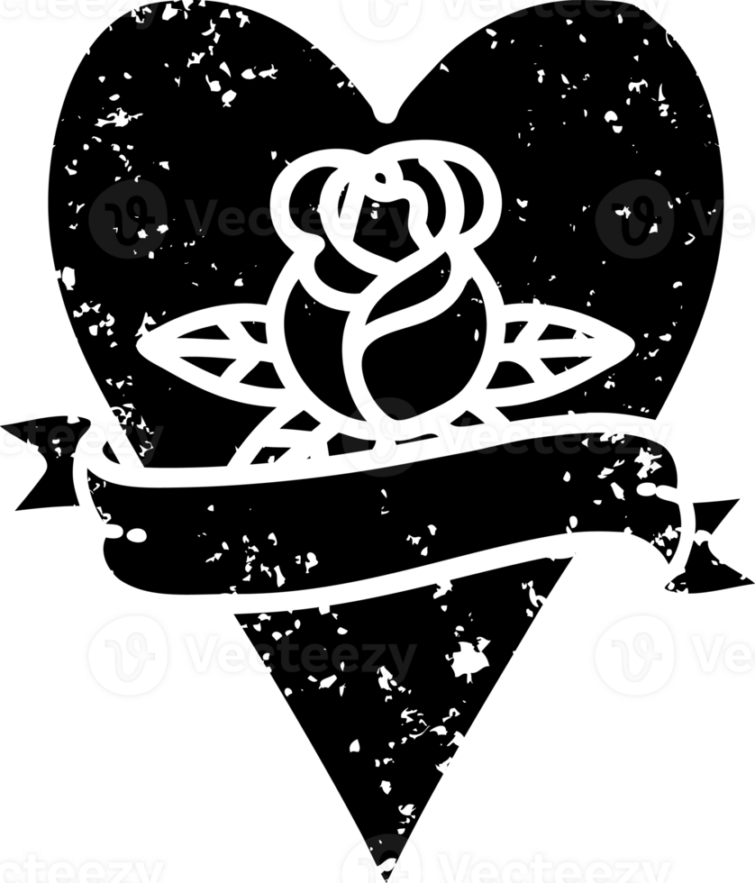 tattoo in black line style of a heart rose and banner  distressed icon png