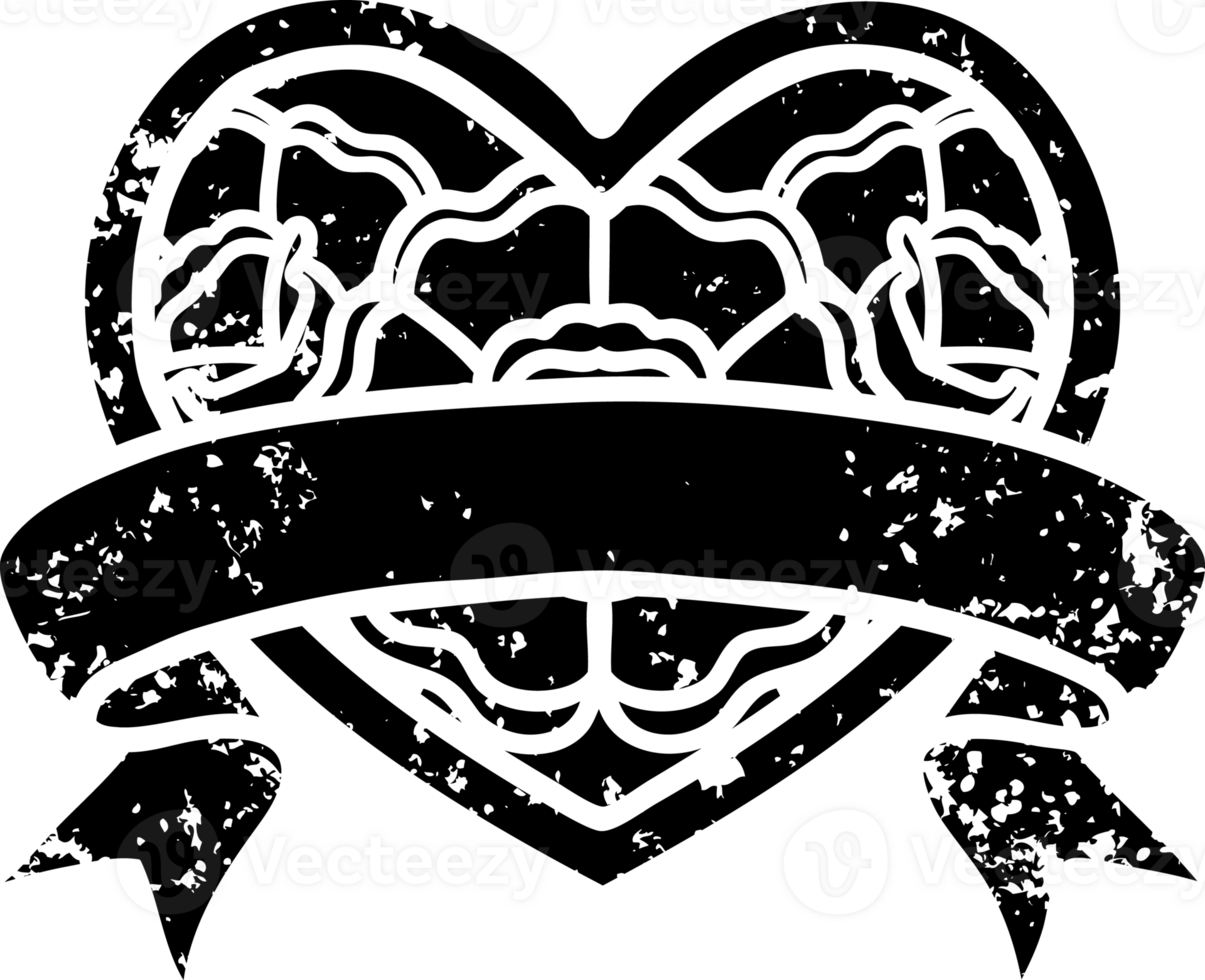 tattoo in black line style of a heart and banner with flowers distressed icon png