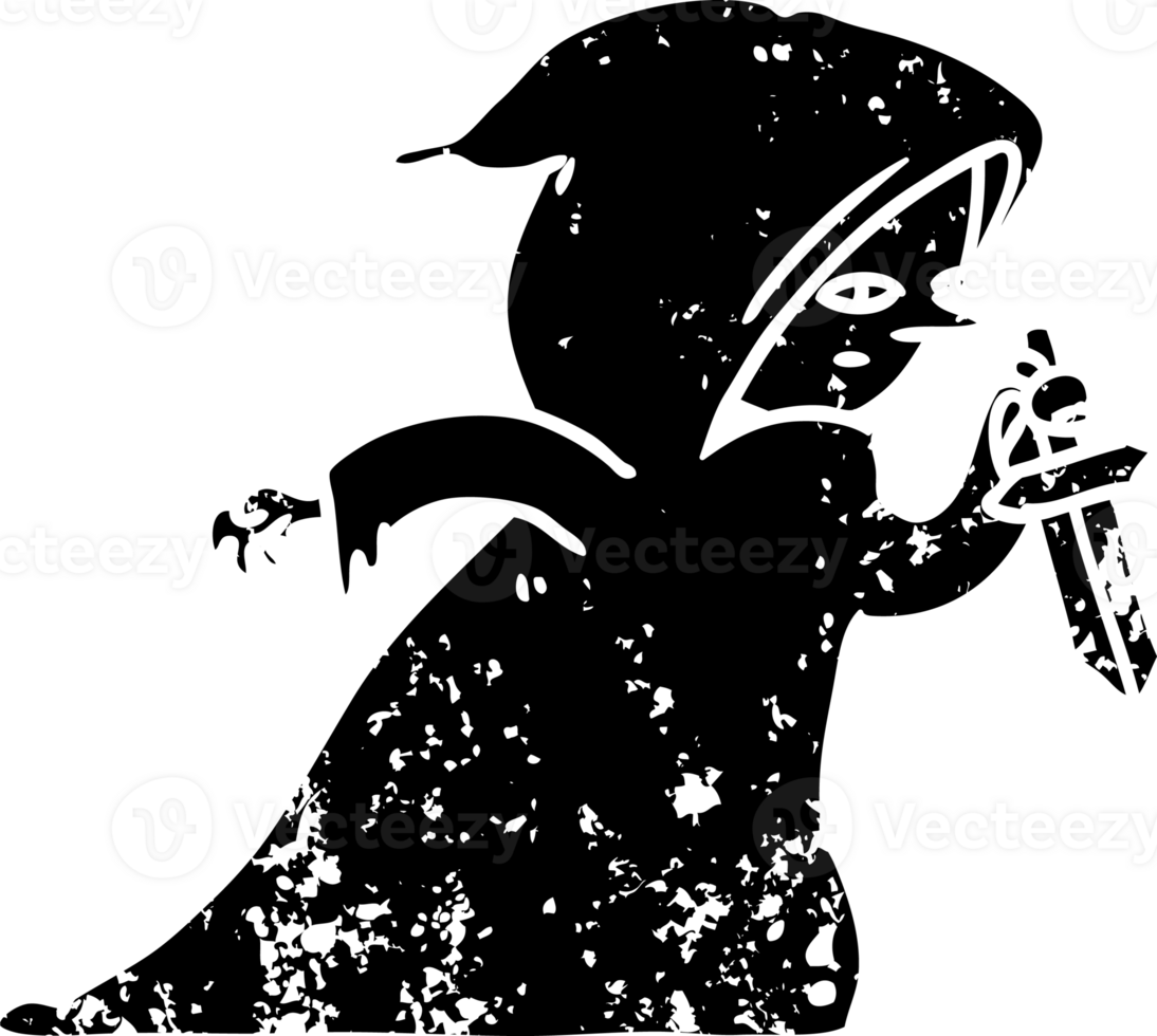 line drawing of a assassin in dark robe distressed icon png
