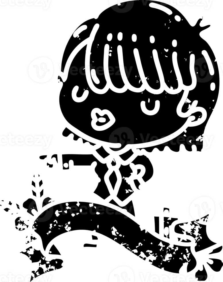 scroll banner with black line work tattoo style businesswoman pointing distressed icon png