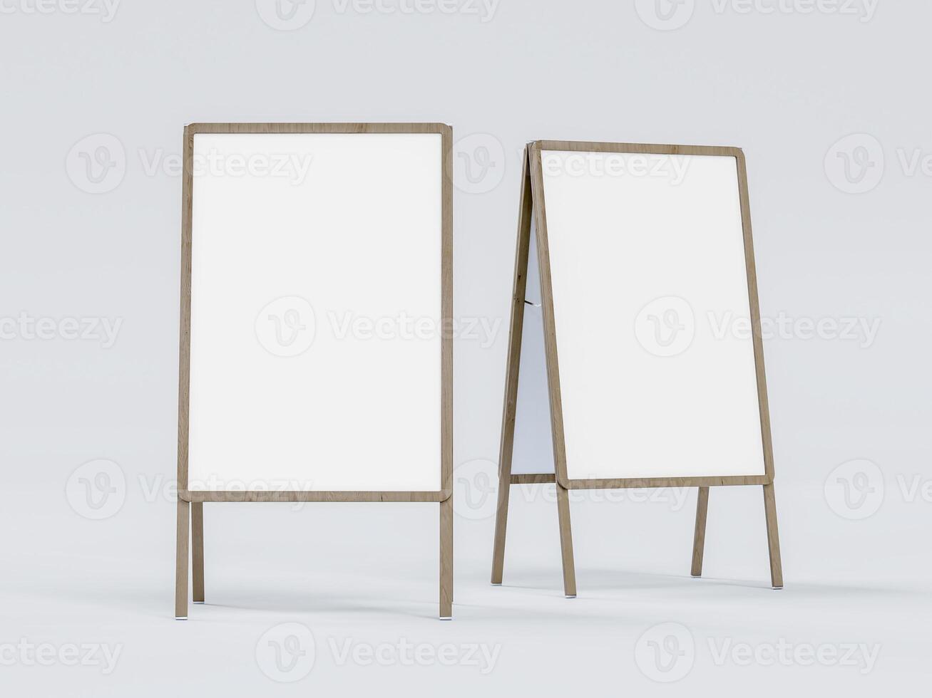 Blank chalk board street stand mockup. Isolated pavement menu rack with material frame template for cafe or restaurant welcome easel. 3D rendering photo