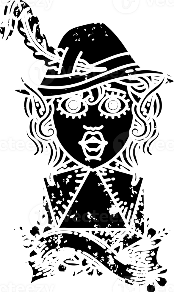 Black and White Tattoo linework Style elf bard with natural twenty dice roll distressed icon png