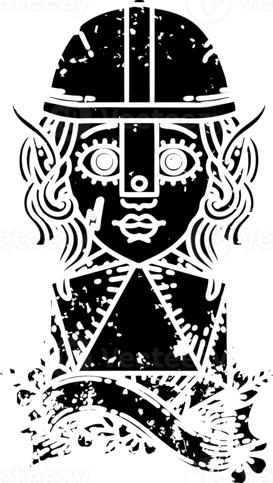 Black and White Tattoo linework Style elf fighter character with natural twenty dice roll distressed icon png