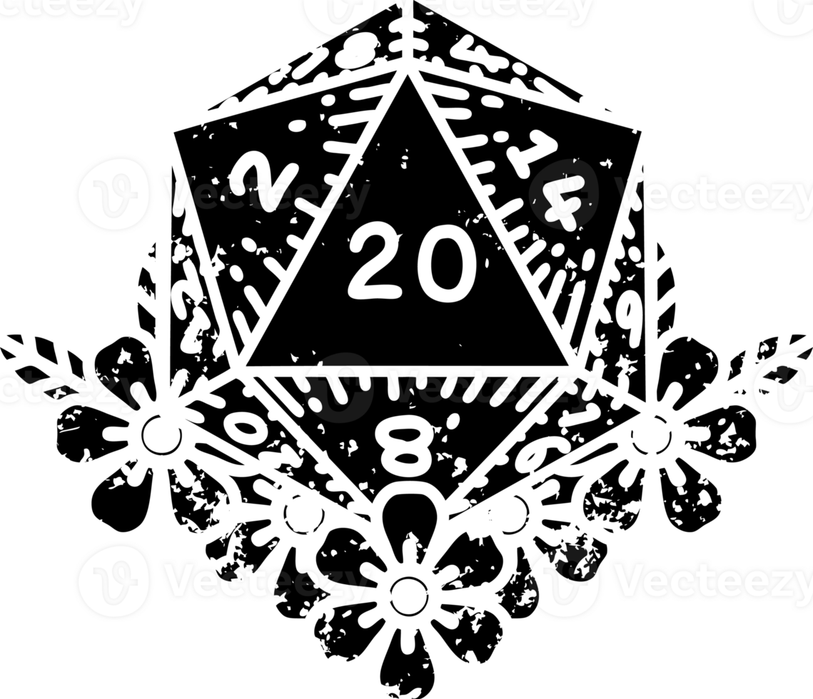 Black and White Tattoo linework Style natural 20 D20 dice roll with floral elements distressed icon png