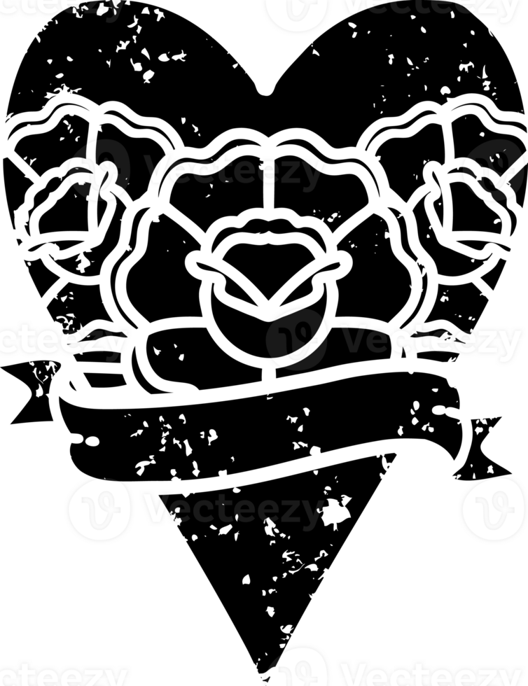tattoo in black line style of a heart and banner with flowers distressed icon png