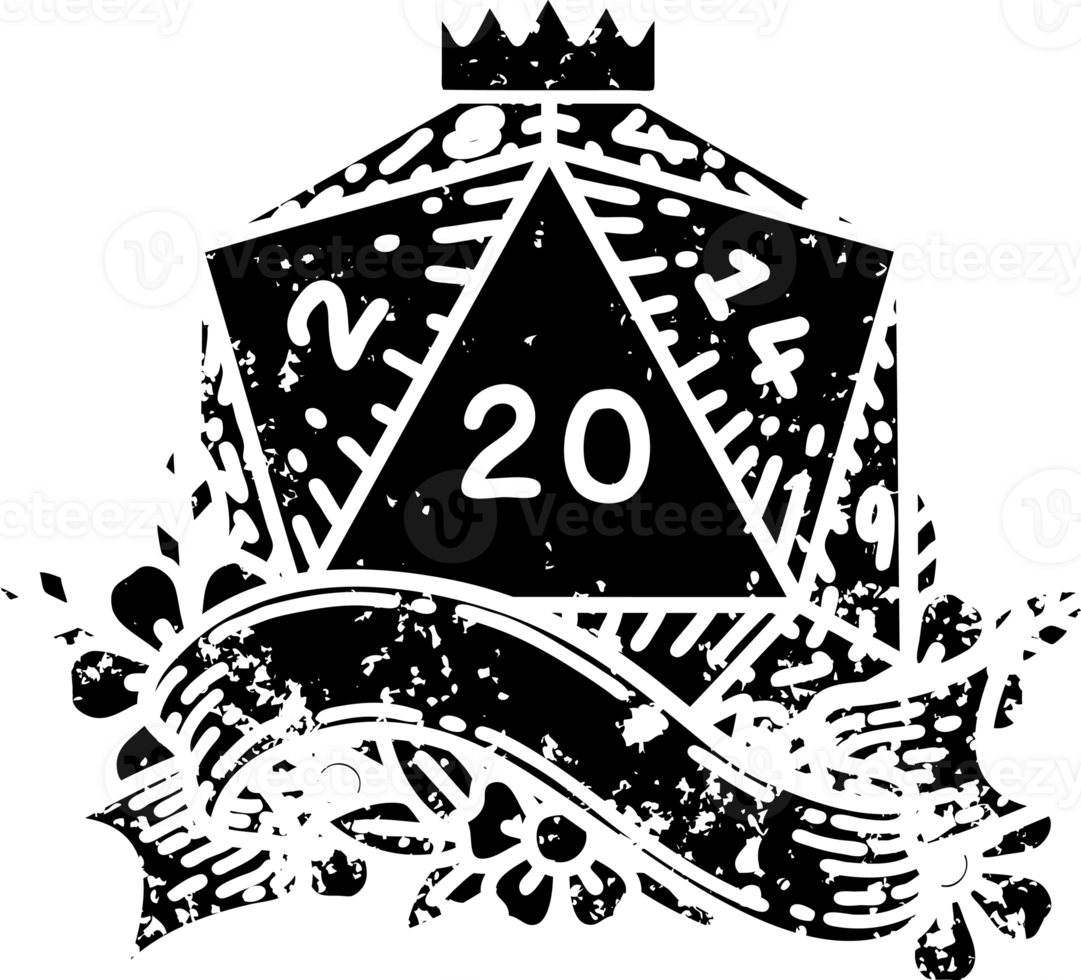 Black and White Tattoo linework Style natural twenty D20 dice roll distressed icon png