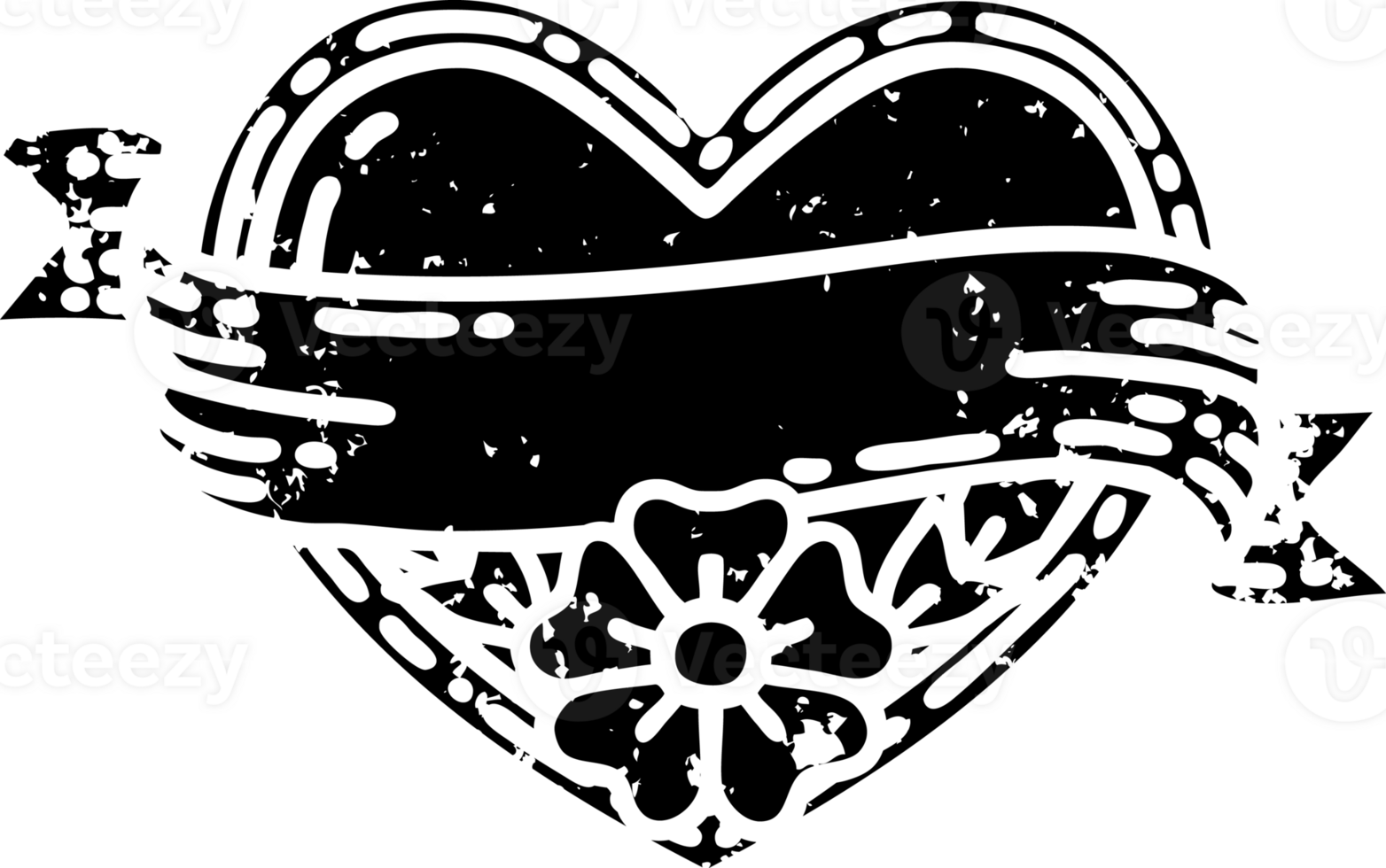 tattoo in black line style of a heart and banner with flowers distressed icon png