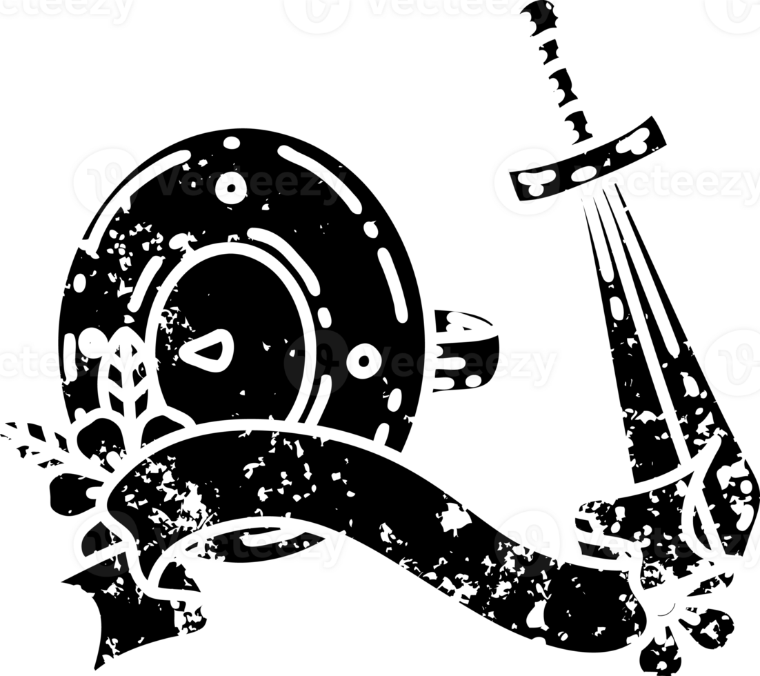 scroll banner with black line work tattoo style shield and sword distressed icon png