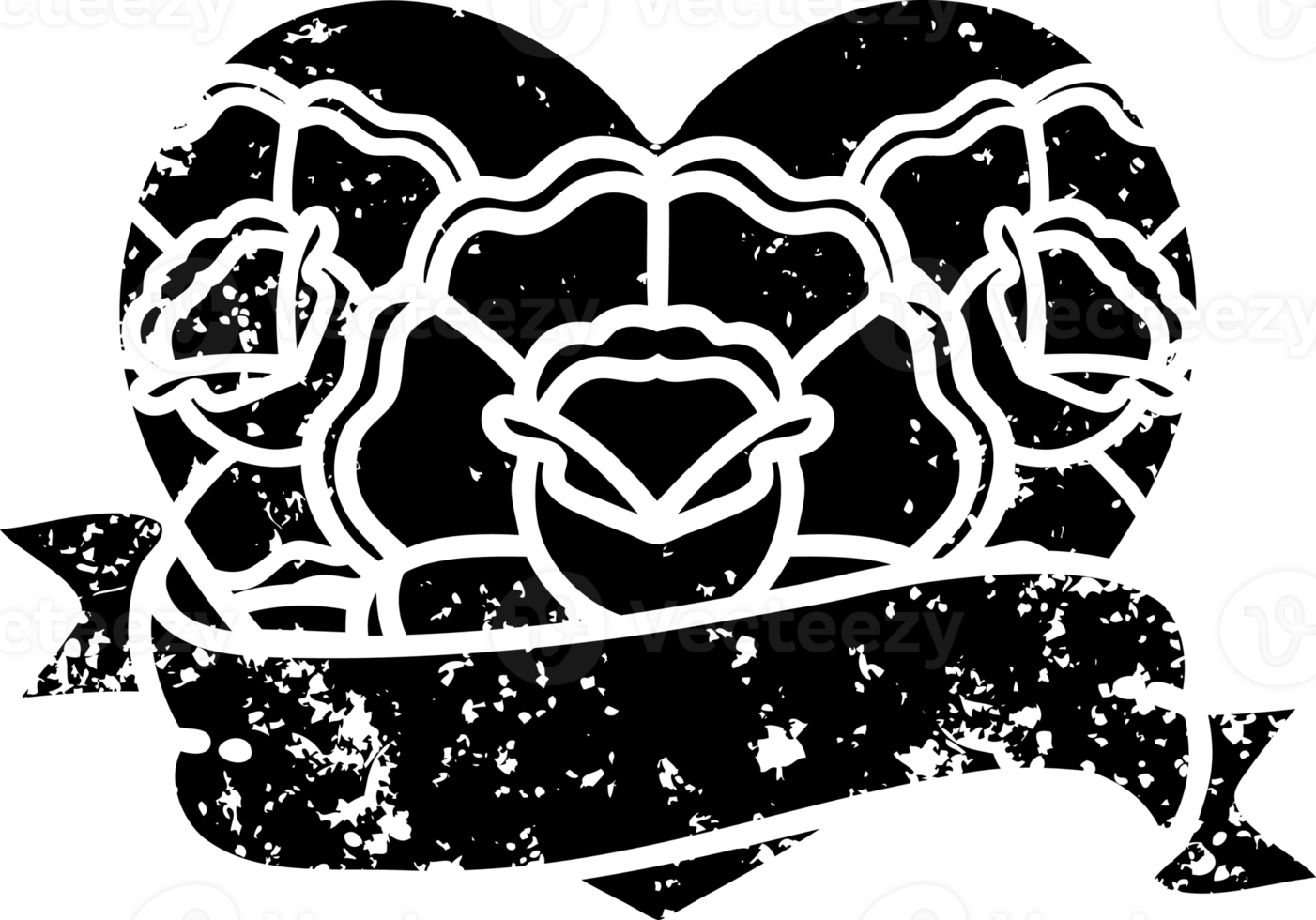 tattoo in black line style of a heart and banner with flowers distressed icon png