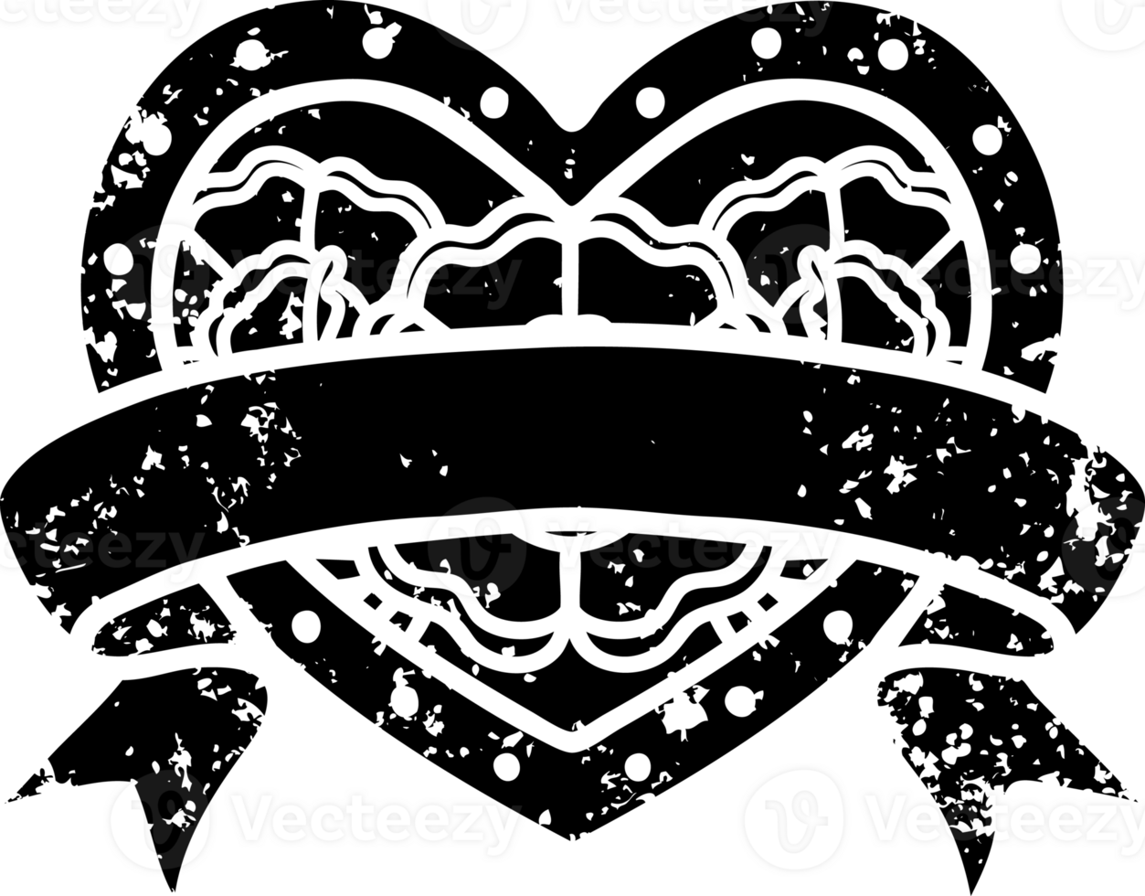 tattoo in black line style of a heart and banner with flowers distressed icon png