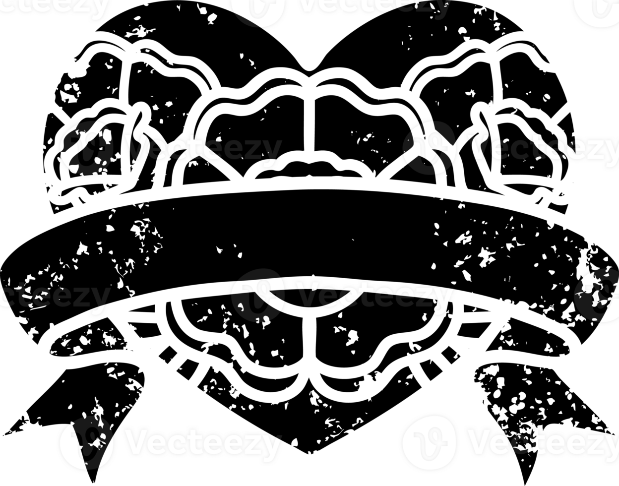 tattoo in black line style of a heart and banner with flowers distressed icon png