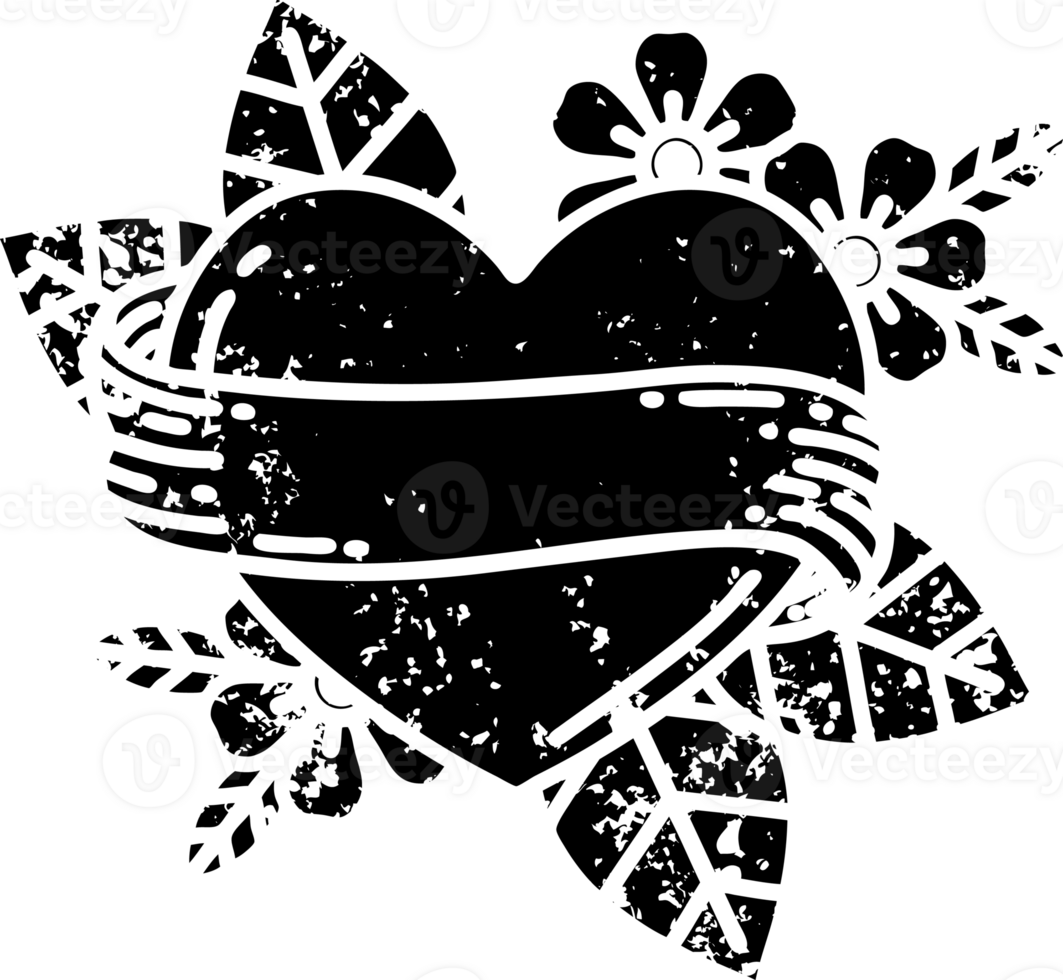tattoo in black line style of a heart and banner distressed icon png