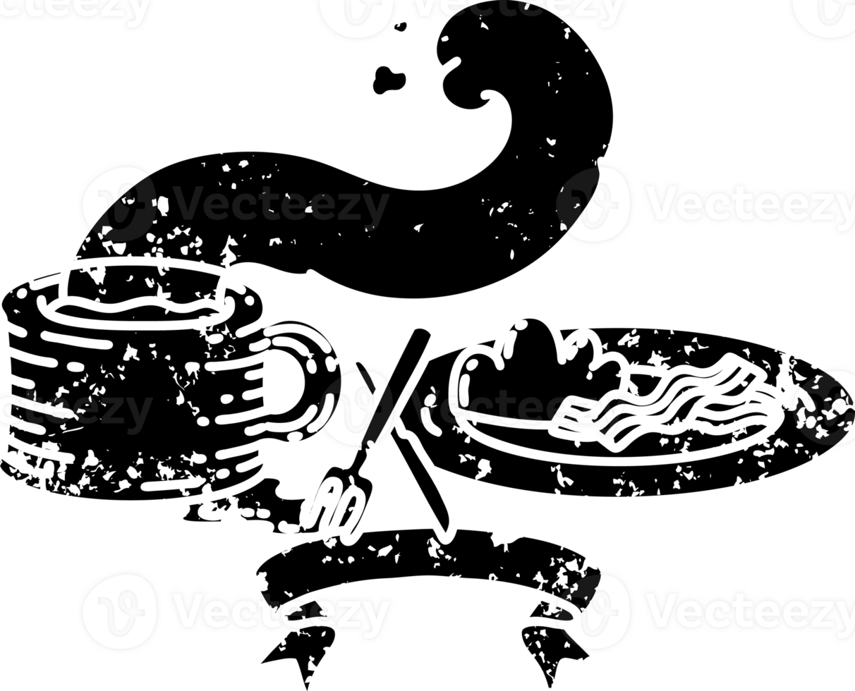 scroll banner with black line work tattoo style breakfast and coffee distressed icon png