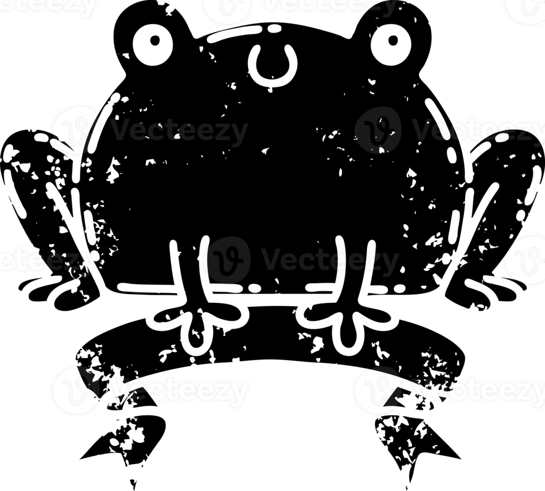 scroll banner with black line work tattoo style happy frog distressed icon png