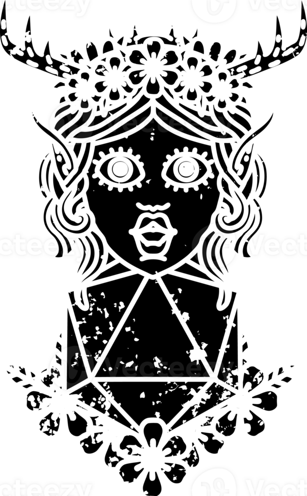 Black and White Tattoo linework Style elf druid character with nautral twenty dice roll distressed icon png