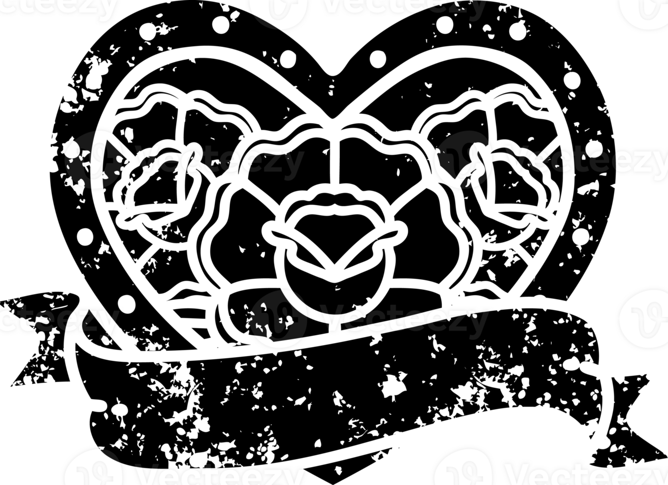 tattoo in black line style of a heart and banner with flowers distressed icon png