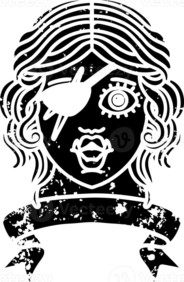Black and White Tattoo linework Style orc rogue character face with banner distressed icon png