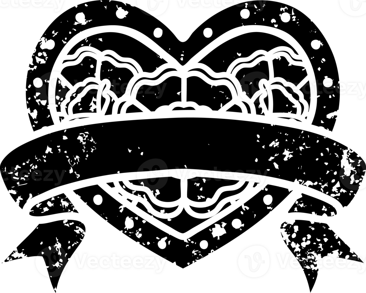 tattoo in black line style of a heart and banner with flowers distressed icon png