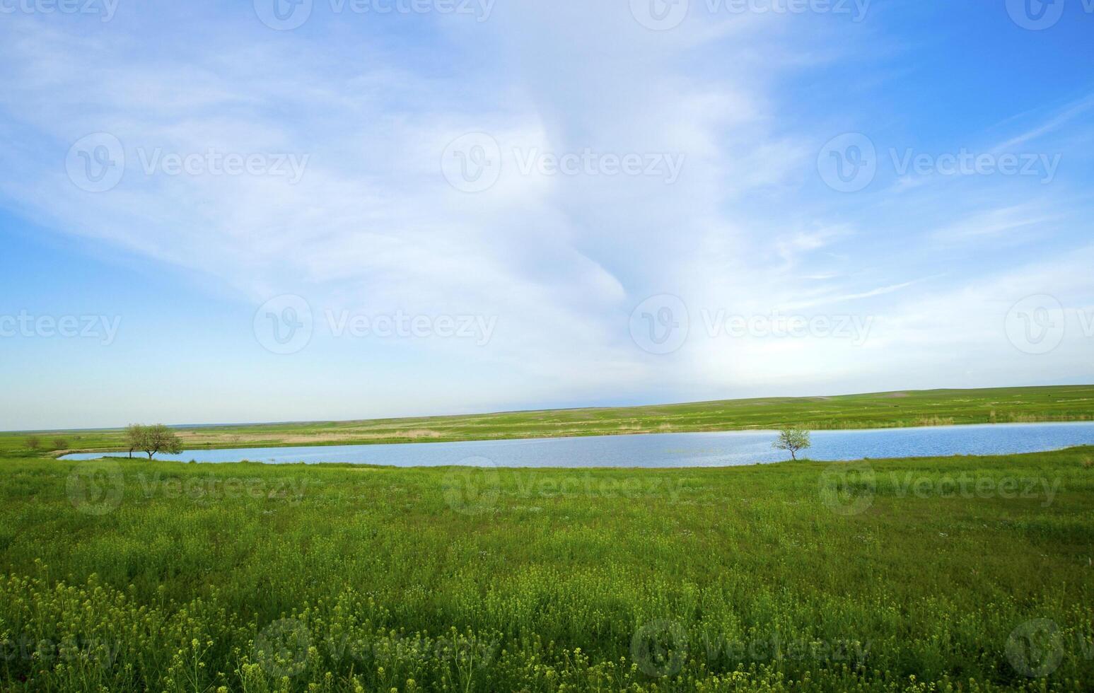 Small lake in spring steppe photo