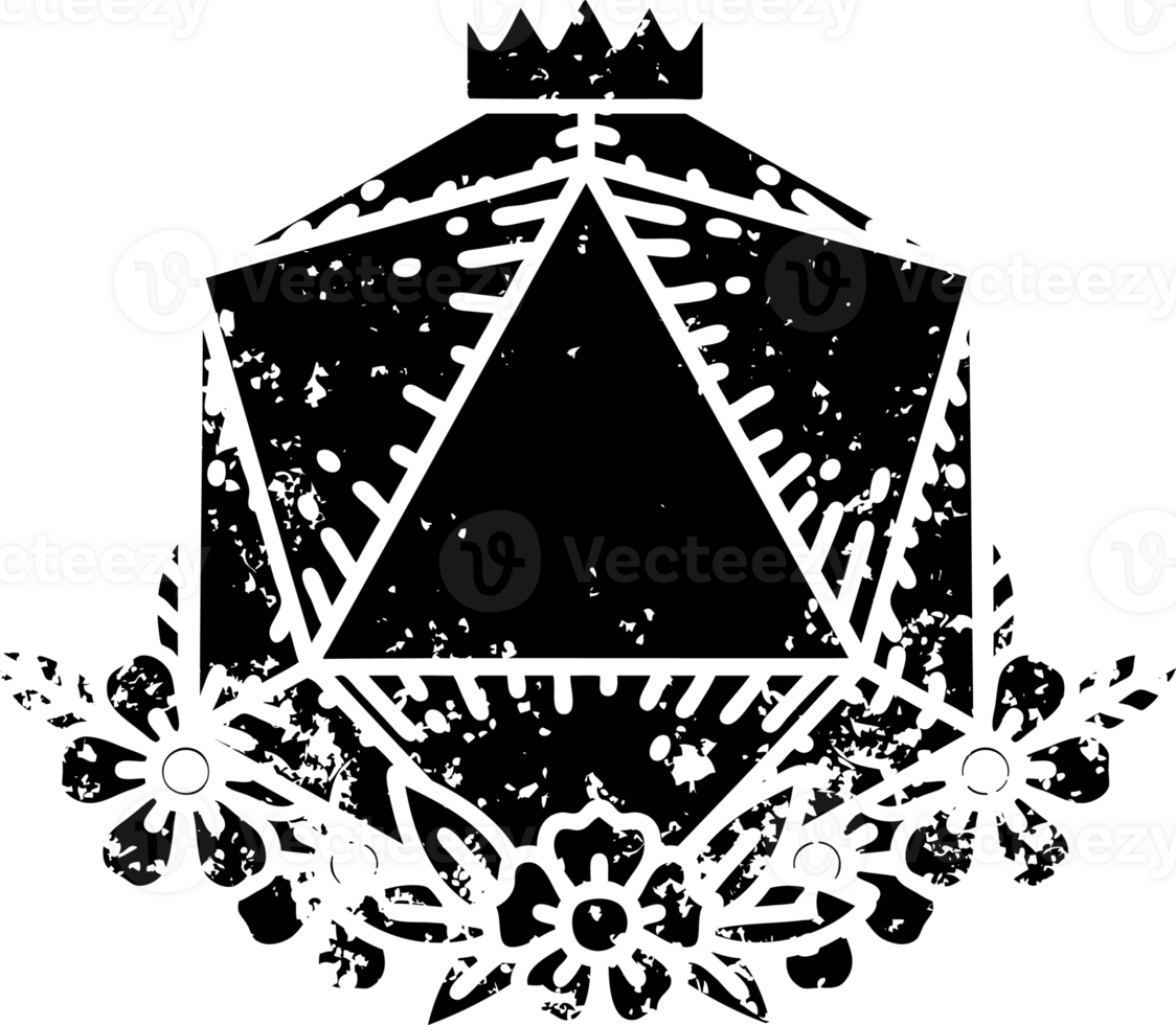 Black and White Tattoo linework Style natural 20 D20 dice roll with floral elements distressed icon png