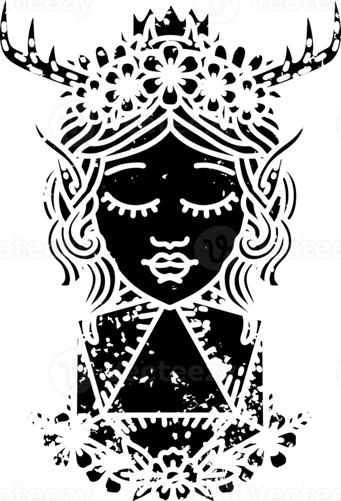 Black and White Tattoo linework Style elf druid character with nautral twenty dice roll distressed icon png