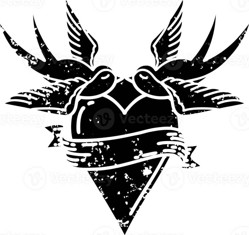 tattoo in black line style of swallows and a heart with banner distressed icon png
