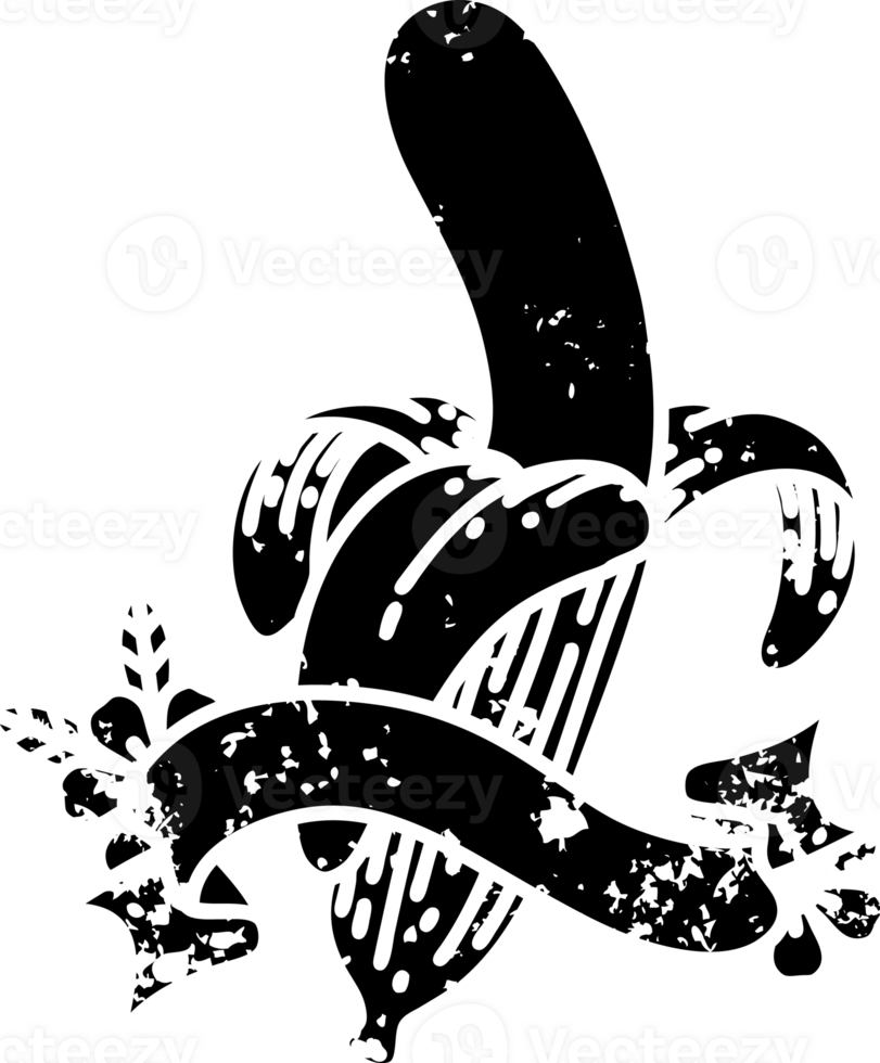 scroll banner with black line work tattoo style peeled banana distressed icon png
