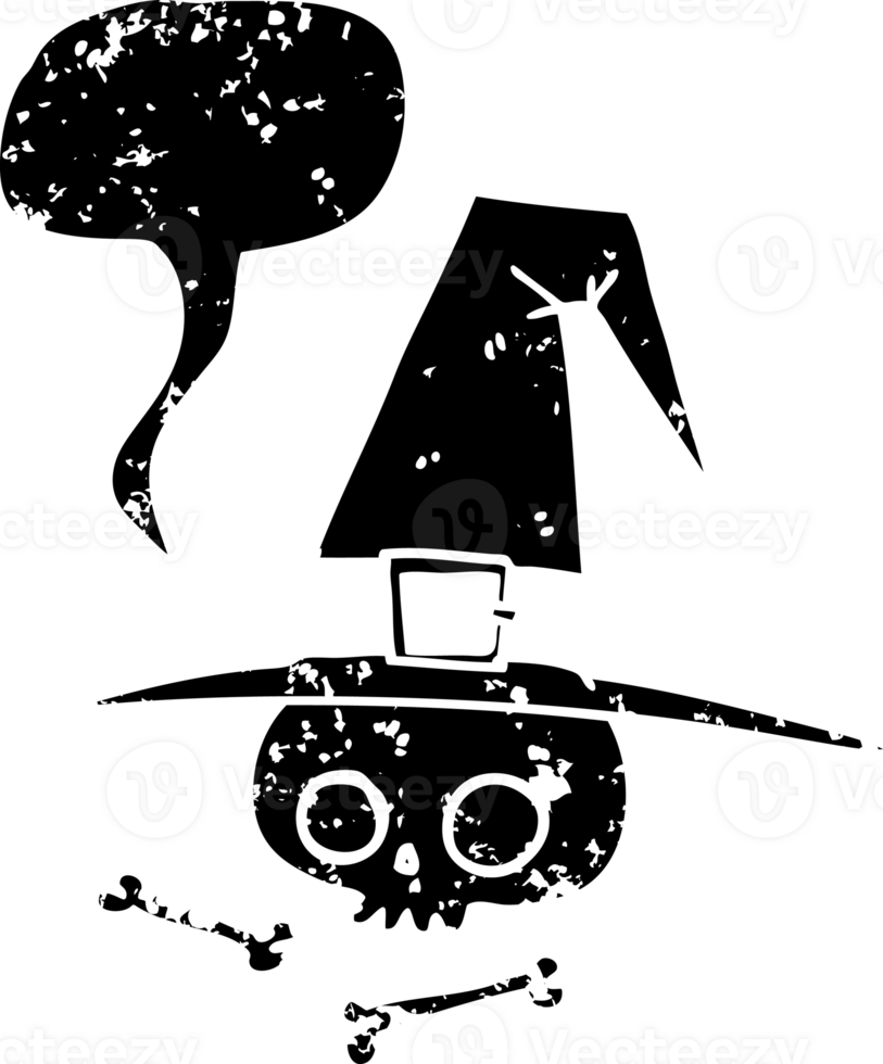 hand drawn speech bubble cartoon witch hat with skull distressed icon png