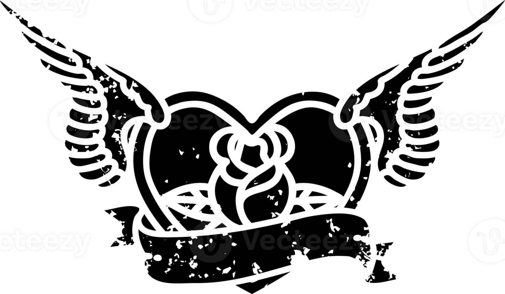 tattoo in black line style of a flying heart with flowers and banner distressed icon png
