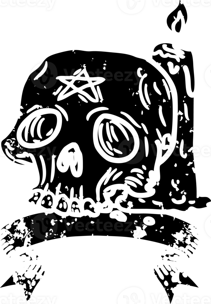 scroll banner with black line work tattoo style spooky skull and candle distressed icon png
