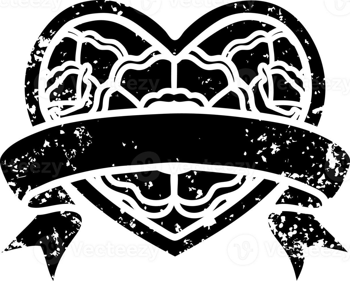 tattoo in black line style of a heart and banner with flowers distressed icon png
