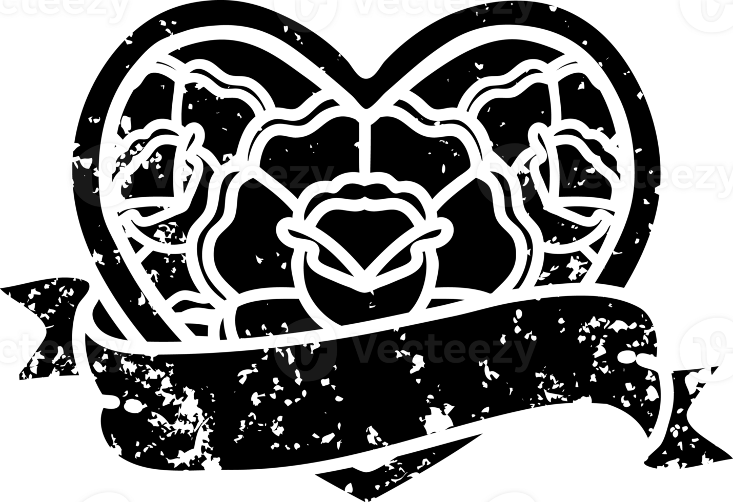 tattoo in black line style of a heart and banner with flowers distressed icon png