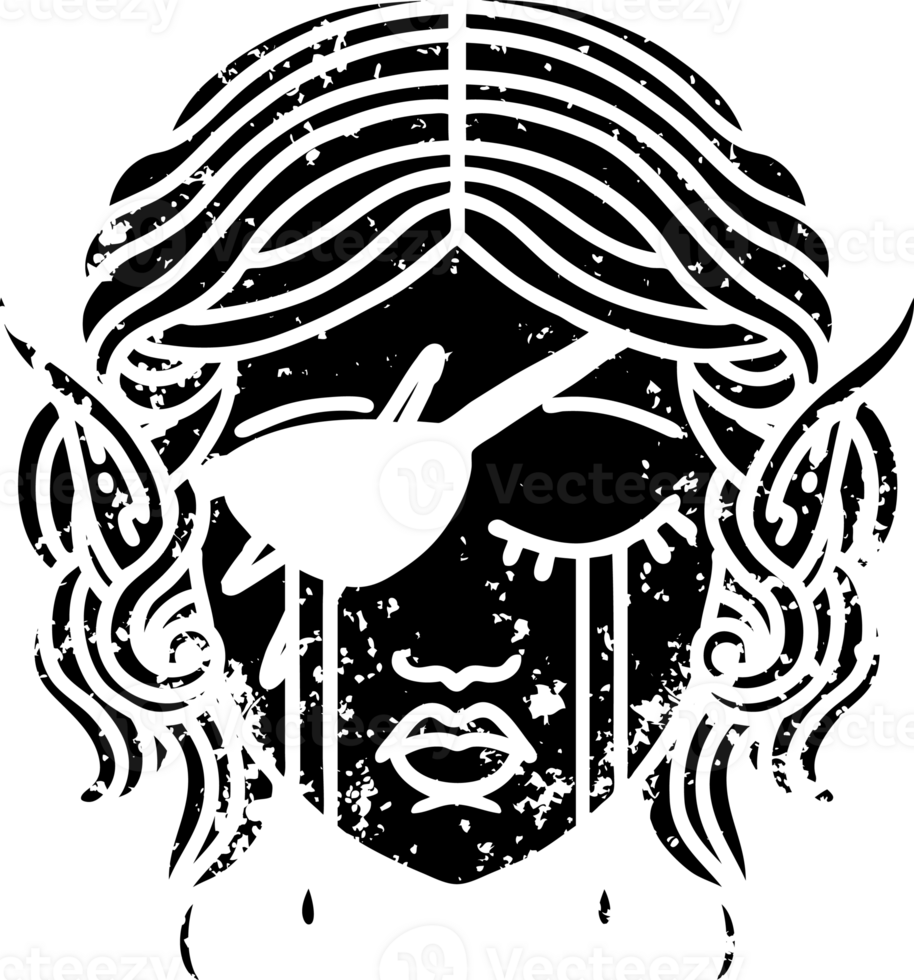 Black and White Tattoo linework Style crying elf rogue character face distressed icon png