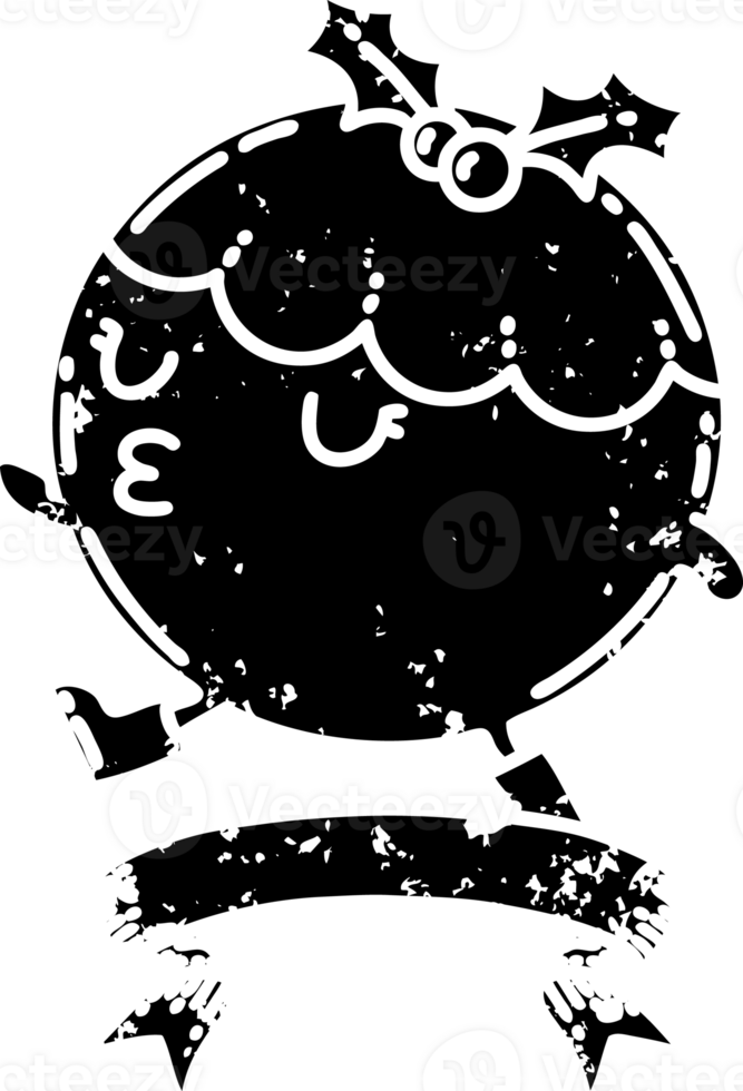 scroll banner with black line work tattoo style christmas pudding character walking distressed icon png
