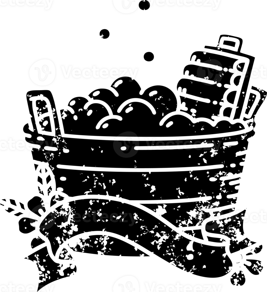scroll banner with black line work tattoo style old washboard and scrubbing bowl  distressed icon png