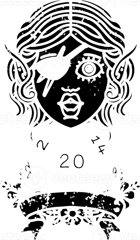 Black and White Tattoo linework Style elf rogue character with natural twenty dice roll distressed icon png