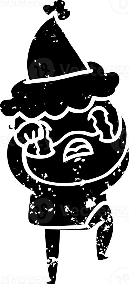 hand drawn line drawing of a bearded man crying and stamping foot wearing santa hat distressed icon png