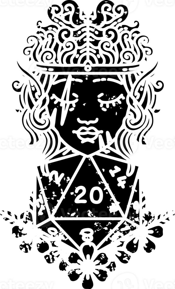 Black and White Tattoo linework Style elf barbarian character with natural twenty dice roll distressed icon png