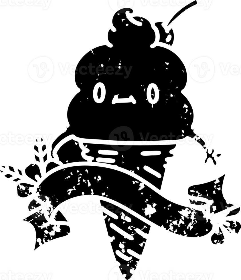 scroll banner with black line work tattoo style ice cream character distressed icon png