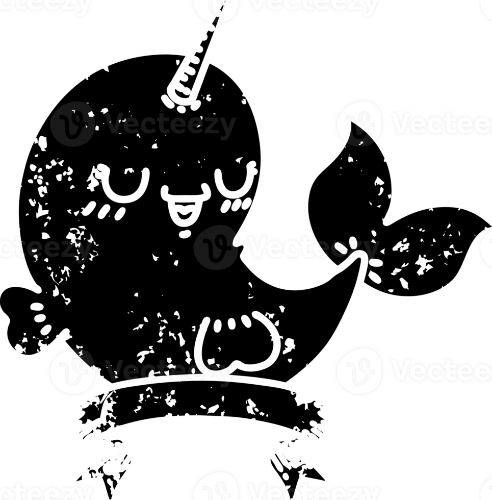 scroll banner with black line work tattoo style happy narwhal distressed icon png