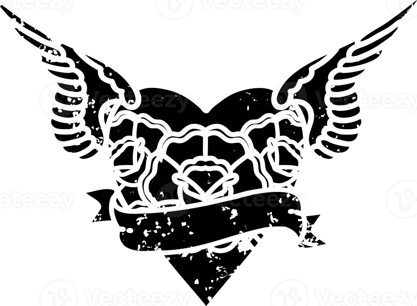 tattoo in black line style of heart with wings flowers and banner distressed icon png
