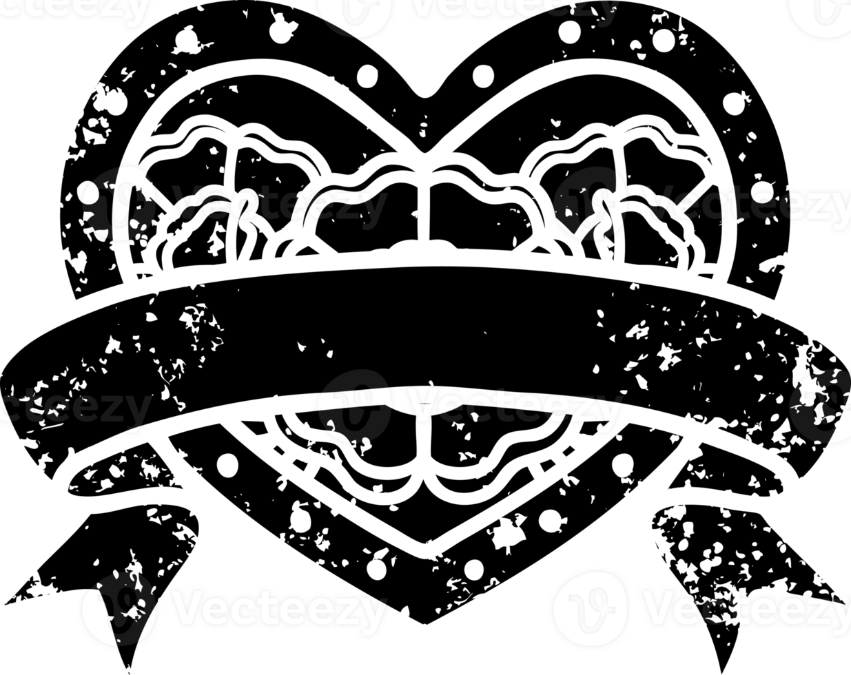 tattoo in black line style of a heart and banner with flowers distressed icon png