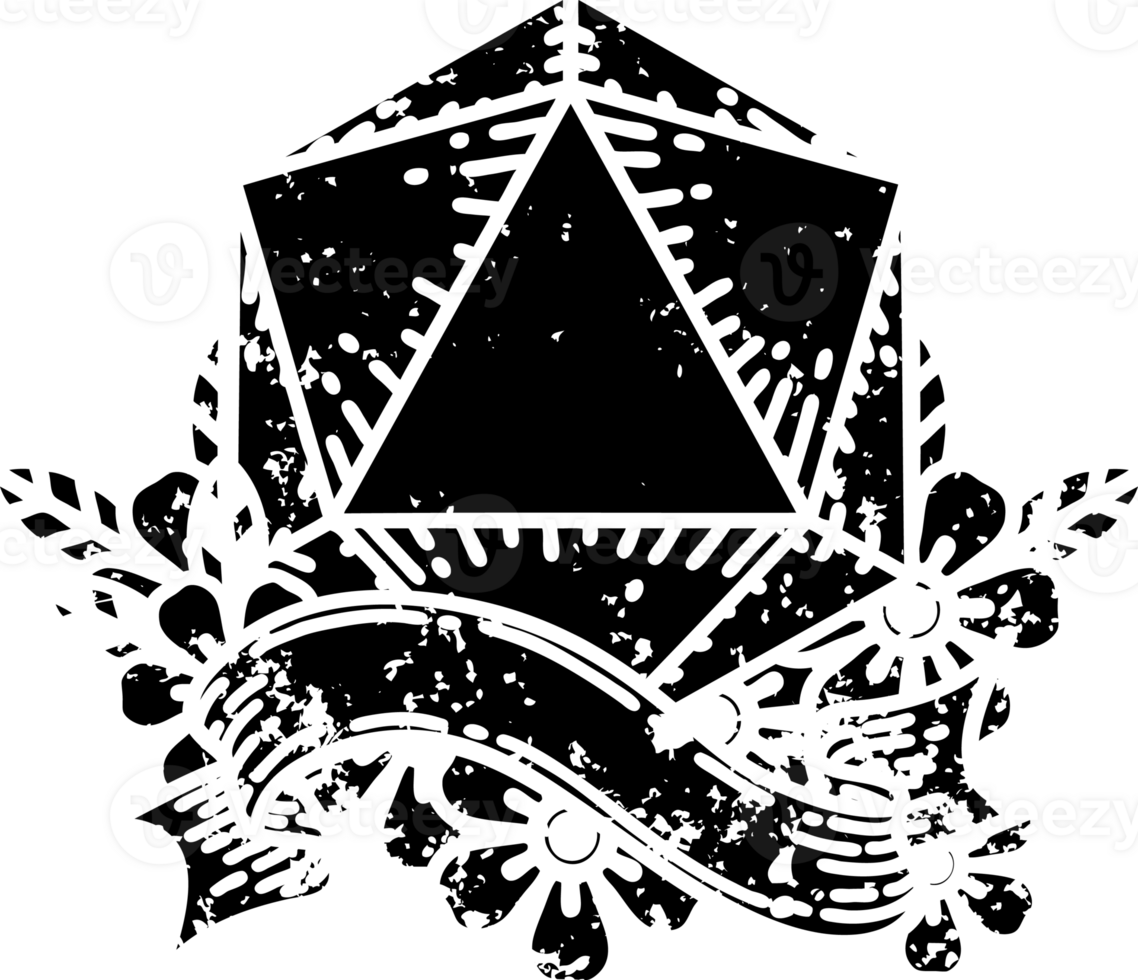 Black and White Tattoo linework Style natural twenty D20 dice roll distressed icon png