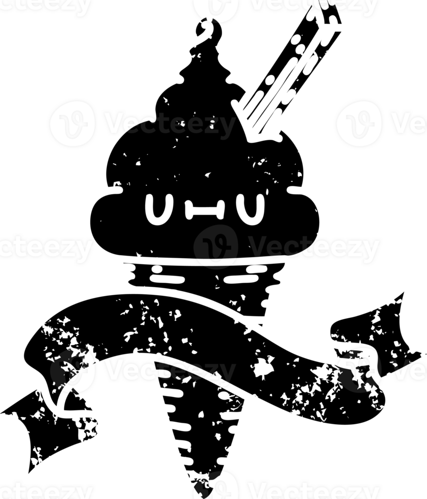 scroll banner with black line work tattoo style ice cream character distressed icon png