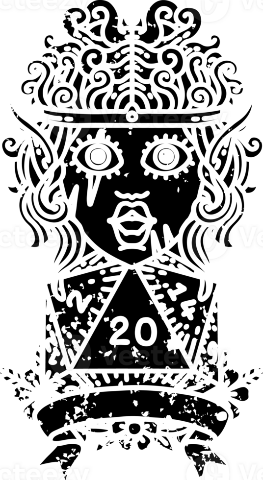 Black and White Tattoo linework Style elf barbarian character with natural twenty dice roll distressed icon png