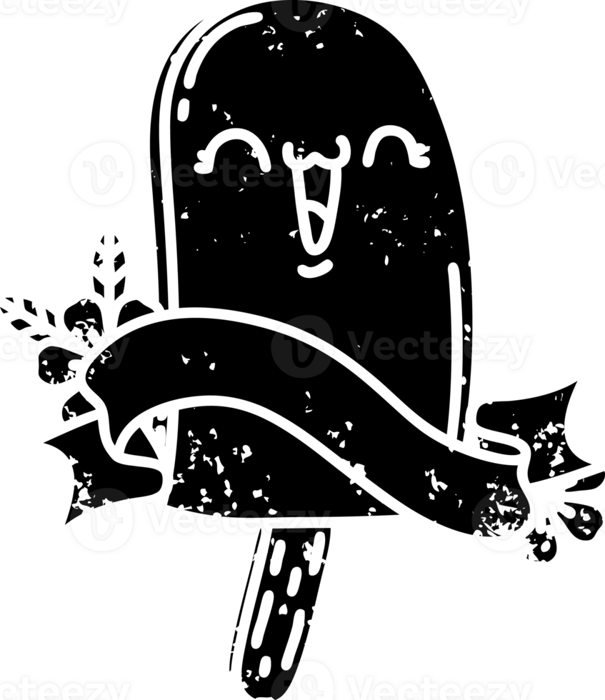 scroll banner with black line work tattoo style ice lolly distressed icon png