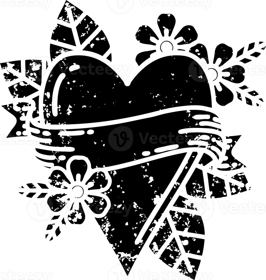 tattoo in black line style of a heart and banner distressed icon png