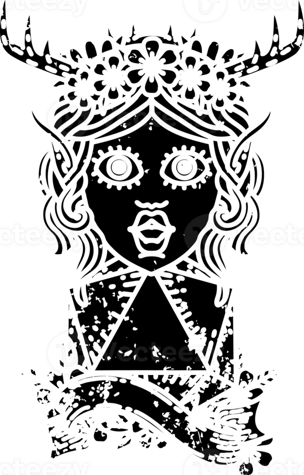 Black and White Tattoo linework Style elf druid character with natural twenty dice roll distressed icon png