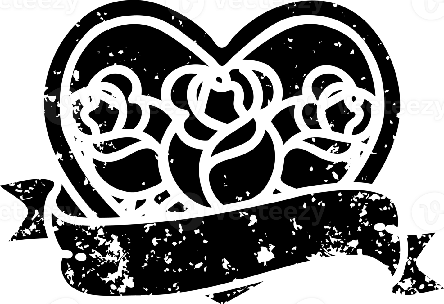 tattoo in black line style of a heart and banner with flowers distressed icon png